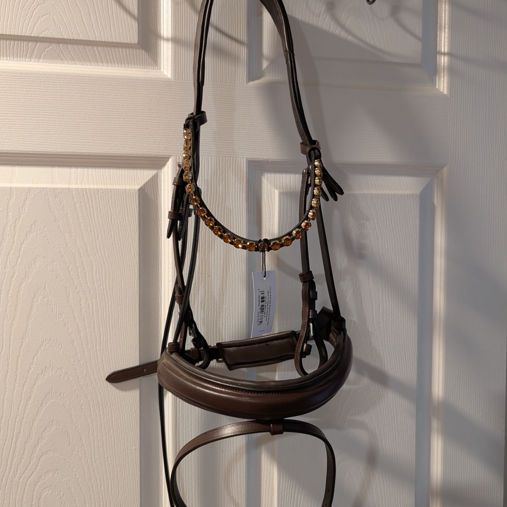 Elegant Brown Leather Horse Bridle with Gold Accents